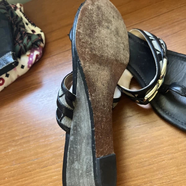 COACH Black Monogram Logo Virginia Signature Thong Slide Wedge Sandal Heels
