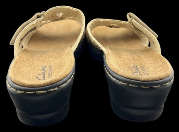 Clarks Bendables Sandals Women's Sz 10m Tan & Cream Leather Open Toe Hook/Loop
