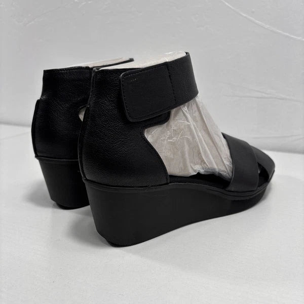 Naturalizer Riviera Womens Sz 8.5m Black Leather Flat Wedge Sandals NEW