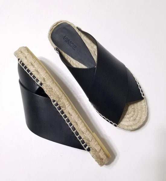 NIB Vince Castel Leather Crisscross Flat Espadrille Slide Sandal Black Sz 5 $225