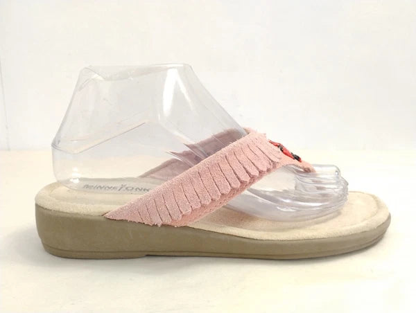 Minnetonka Pink Fringe Leather Suede Thong Sandals Western Style-Size 8