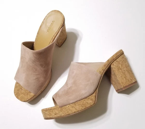 NIB Vince Wyatt Cork Block Heel Platform Slides Sandal in Oatmeal Size 9.5 $325