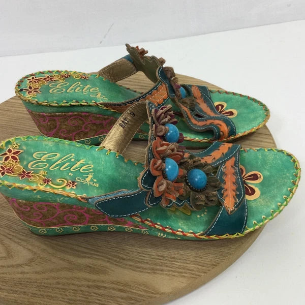 Corkys Elite Bay Leather Beaded Flower Slide Wedge Sandals Blue Green Artsy Sz 9