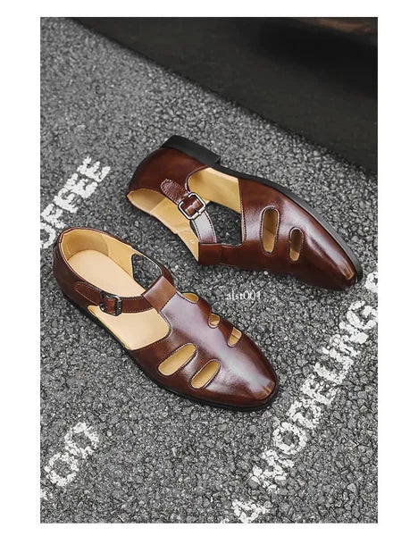 Roman Style Mens Closed Toe Sandals Hollow Out Buckle Flat Business Formal Dress
