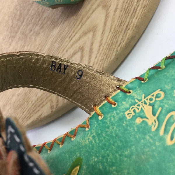 Corkys Elite Bay Leather Beaded Flower Slide Wedge Sandals Blue Green Artsy Sz 9