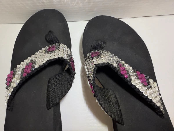 Bedazzled Crystal Y2K Black Flip Flop Wedge Pink And Black Women’s SZ 8