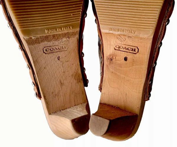 COACH “FELICITY” MONOGRAM CANVAS CLOG HEEL/SANDALS BROWN WOMENS 6 MADE IN ITALY