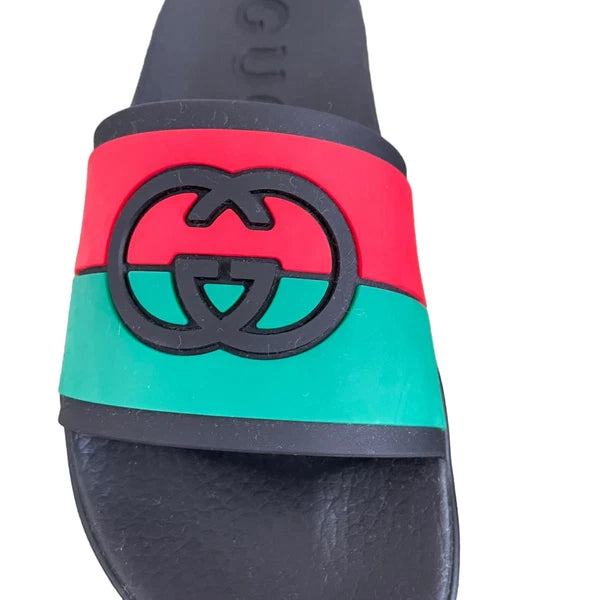 Authentic GUCCI Women's Interlocking G Slide Sandal Black Red Green Size 37 NEW