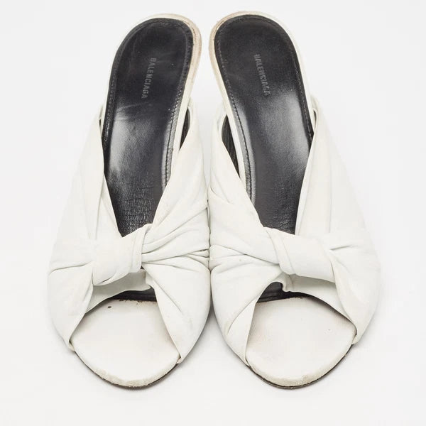 Balenciaga White Leather Knot Open Toe Slide Sandals Size 40.5