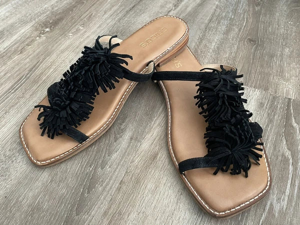 CHICO’S Delray Black Leather Suede Fringe Slide Sandals Shoes - Women’s Size 8