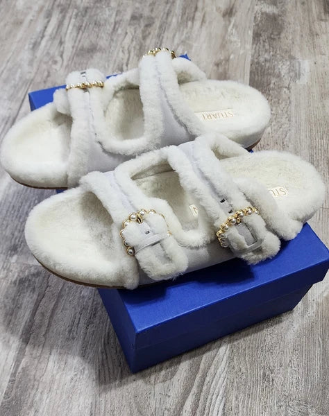 STUART WEITZMAN Piper Chill Slide Sandal Pearl White Shearling Suede Size 9.5