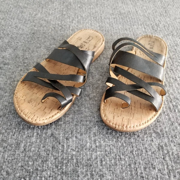 Korks Women US 9M Strappy Sandals Solid Black Straps with Beige Soles Slides *