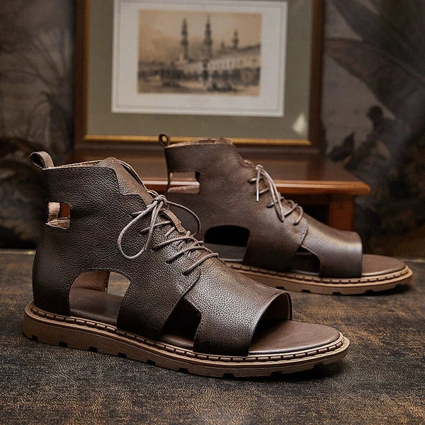 Roman Style Open Toe Sandals Ankle Boots Beach Real Leather Men Shoes Hollow Out