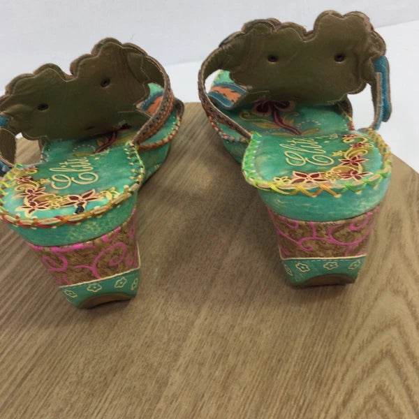 Corkys Elite Bay Leather Beaded Flower Slide Wedge Sandals Blue Green Artsy Sz 9