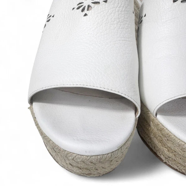 Kate Spade White Leather Espadrille Wedge Sandals 8.5 Floral Cut Out Designer