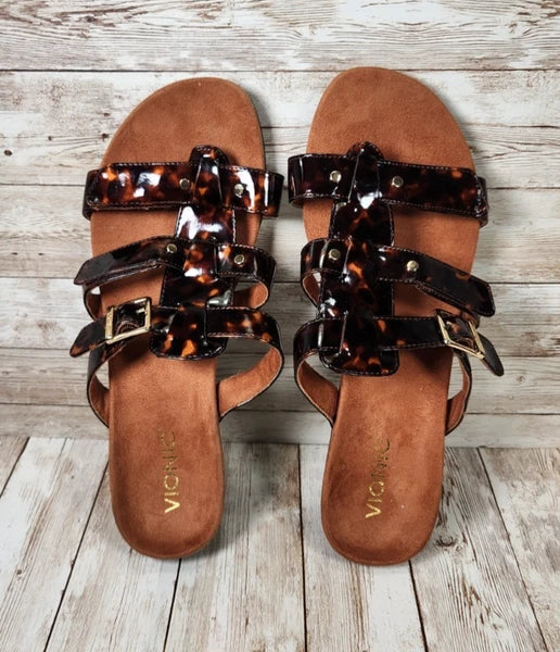VIONIC Radia Brown Tortoise Shell Women's 10 WIDE Strap Wedge Slide Sandals NWOT