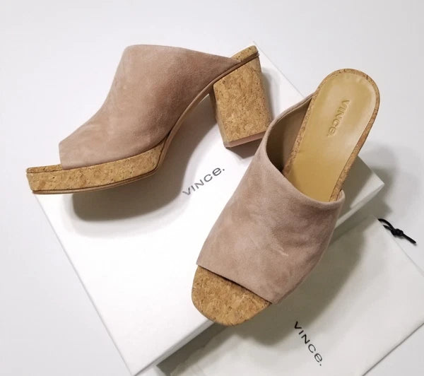 NIB Vince Wyatt Cork Block Heel Platform Slides Sandal in Oatmeal Size 9.5 $325