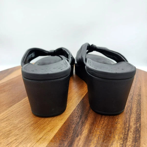 Vionic Arabella Thong Wedge Sandals 11 Black Leather Flip Flop Platform Support