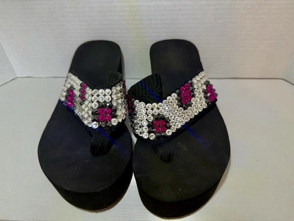 Bedazzled Crystal Y2K Black Flip Flop Wedge Pink And Black Women’s SZ 8