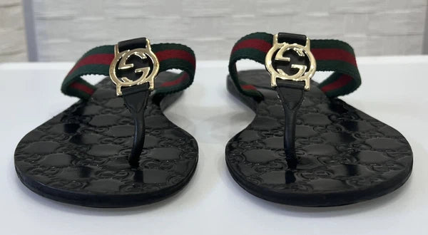 Gucci GG Web Stripe Thong Sandals EU 36 US 6 Black Flat Flip Flop Slide Slipper