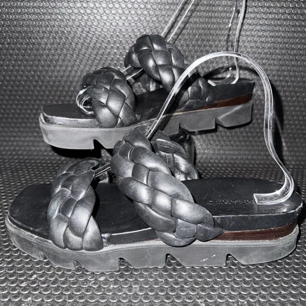 BERNARDO Ciara Luxury Black eather Woven Braided Slides Sandals Women’s Size 8.5