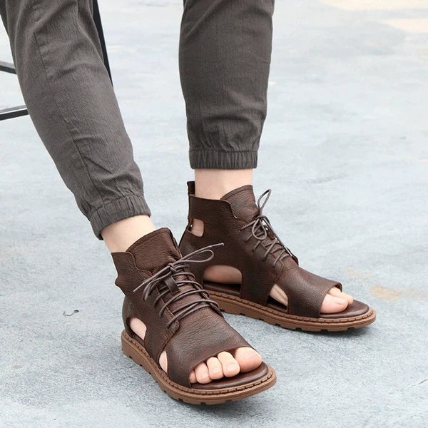 Roman Style Open Toe Sandals Ankle Boots Beach Real Leather Men Shoes Hollow Out