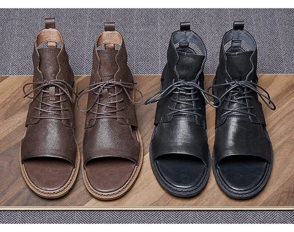 Roman Style Open Toe Sandals Ankle Boots Beach Real Leather Men Shoes Hollow Out
