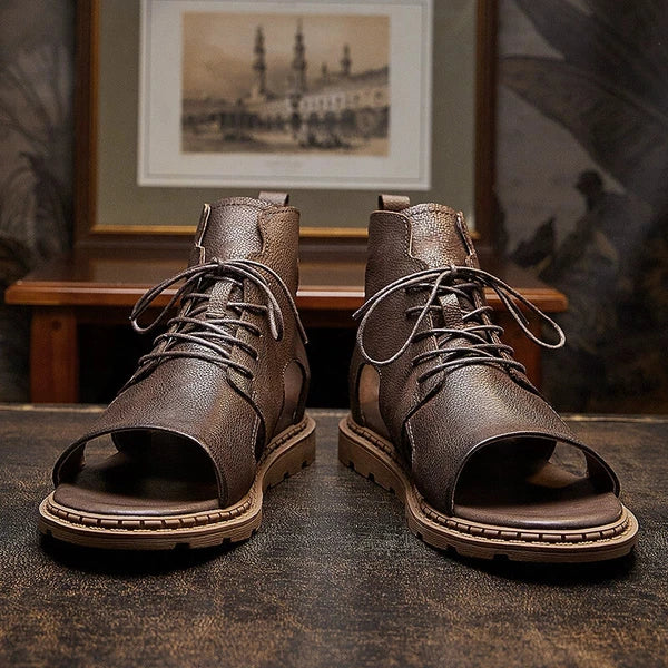 Roman Style Open Toe Sandals Ankle Boots Beach Real Leather Men Shoes Hollow Out