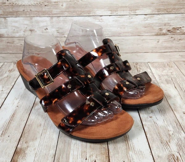 VIONIC Radia Brown Tortoise Shell Women's 10 WIDE Strap Wedge Slide Sandals NWOT