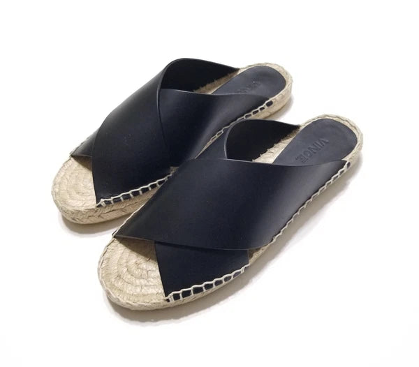 NIB Vince Castel Leather Crisscross Flat Espadrille Slide Sandal Black Sz 5 $225