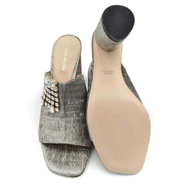 New STUART WEITZMAN Theone Silver Metallic Crystal Jeweled Slide Sandals sz 10