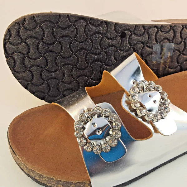H2K KAREN STONE Buckle Ornament SILVER Fashion Slide Flip Flops Sandals Bling