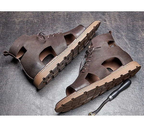 Roman Style Open Toe Sandals Ankle Boots Beach Real Leather Men Shoes Hollow Out