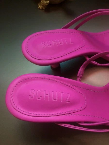NIB SCHUTZ Evenise Napa Leather Kitten Heel Strappy Sandals In Neon Pink 7.5 (7?