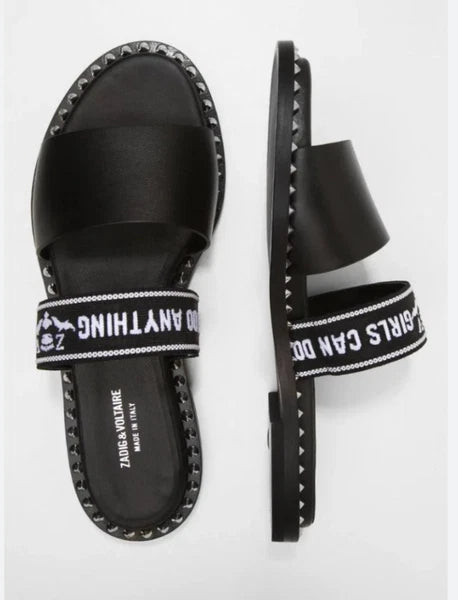 ZADIG & VOLTAIRE Field Words Slide Women's Sandals Sz EU 37- Black/White