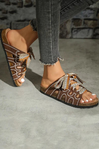 Women’s Casual Leather Look Chunky Ribbon Shoelace Top Post Sandals. EU 36-41