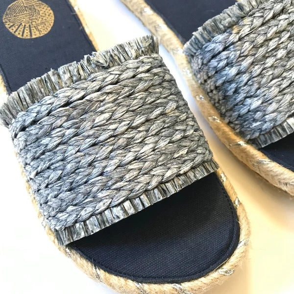 NEW Nalho Meeka Sandals Slides Womens 6 Navy Blue Yoga Mat Espadrilles Raffia