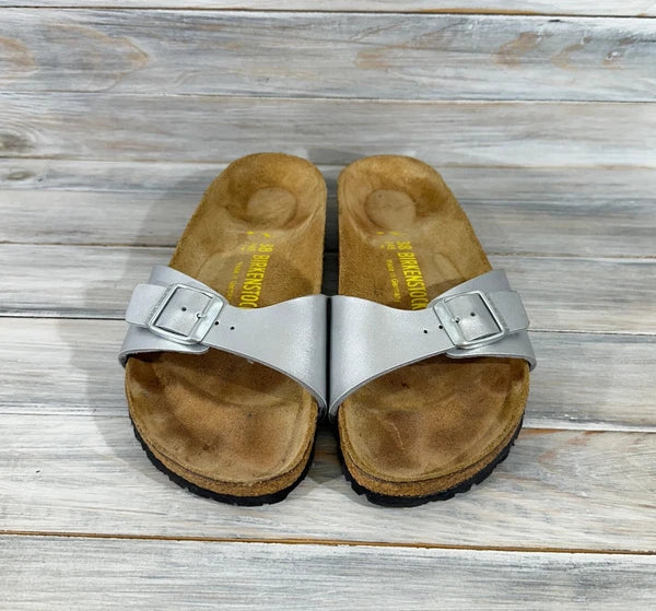 Birkenstock Madrid Birko-Flor Silver Womens Leather Slide Sandals