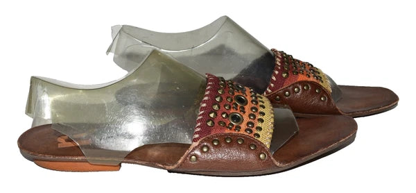 Report Zerav Brown Leather Cone and Flat Studded Womens Slide Sandals Size 9M
