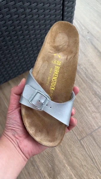 Birkenstock Madrid Birko-Flor Silver Womens Leather Slide Sandals