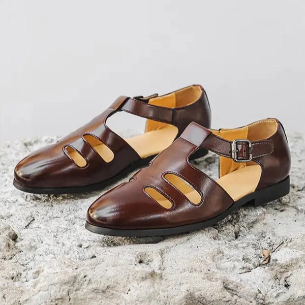 Roman Style Mens Closed Toe Sandals Hollow Out Buckle Flat Business Formal Dress