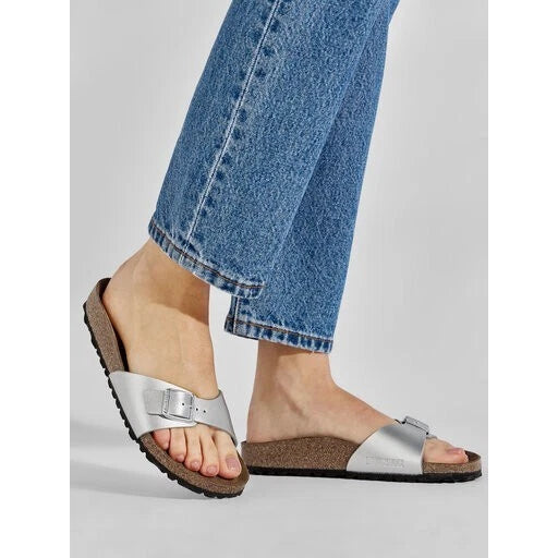 Birkenstock Madrid Birko-Flor Silver Womens Leather Slide Sandals