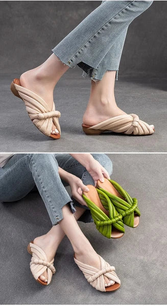 Summer Women Shoes Leather Fashion Low Heel Slippers Peep Toe Outdoor Shoe