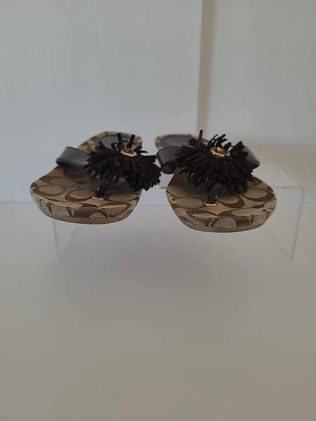 Coach Suki Fringe SZ 6B Sandals Flower Signature Thong Flip Flop Brown Y2K Style