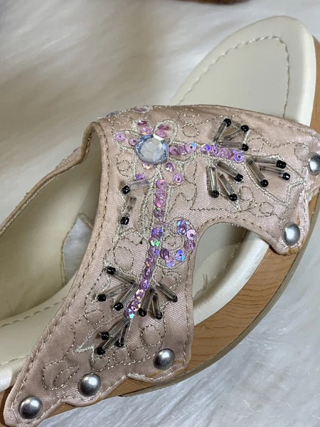 Paris Blues Slides Sandals Champagne Beaded Wm’s Size 10 Adalia-21 #754300
