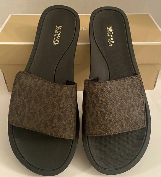 Michael Kors Wade Slide MK Signature Logo Sandals Adjust Closure Brown SZ 9 New