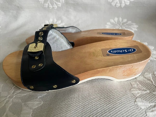 DR SCHOLLS Style Blue Leather? Wooden Sandals Sz 7