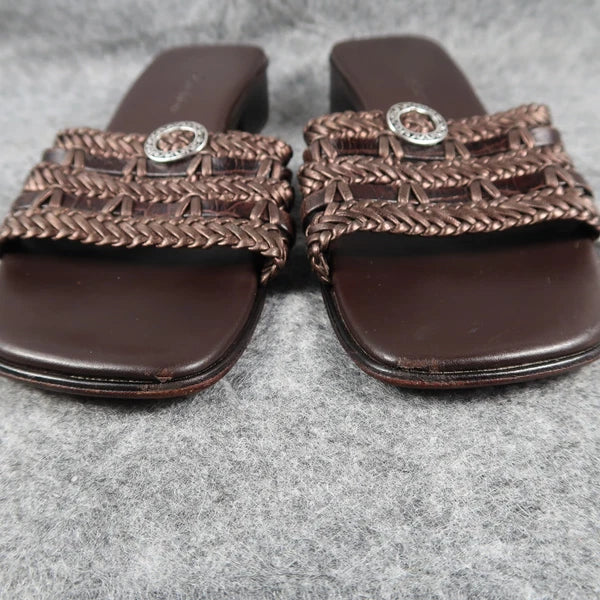 Brighton Shoes Womens 6.5 Sandals Leather Woven Slide Fashion Block Heel Brown
