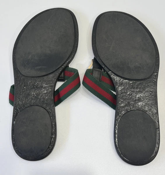 Gucci GG Web Stripe Thong Sandals EU 36 US 6 Black Flat Flip Flop Slide Slipper