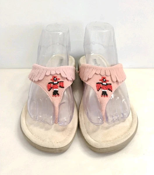 Minnetonka Pink Fringe Leather Suede Thong Sandals Western Style-Size 8